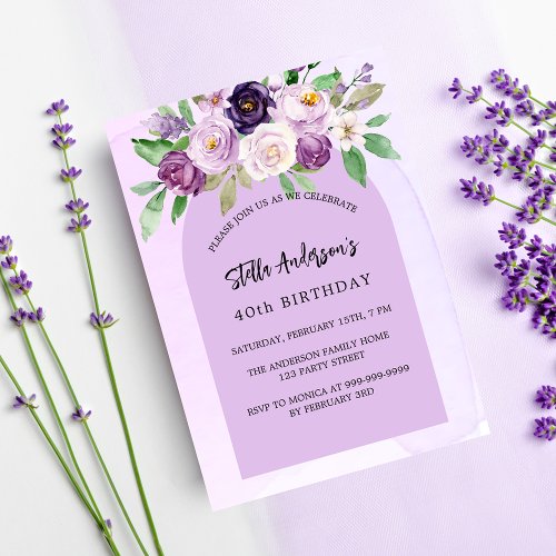 Violet purple flower greenery arch luxury birthday invitation