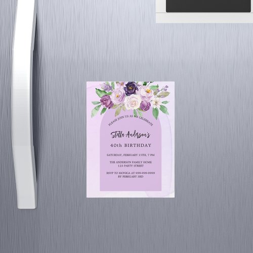 Violet purple flower greenery arch luxury birthday magnetic invitation