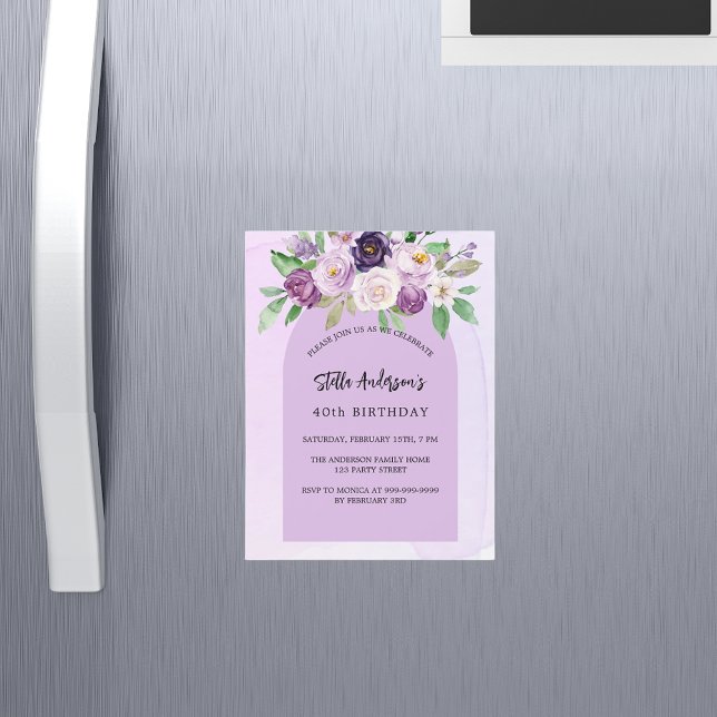 Violet purple flower greenery arch luxury birthday magnetic invitation (Creator Uploaded)