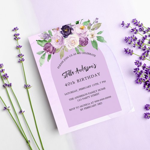 Violet purple flowers budget birthday invitation