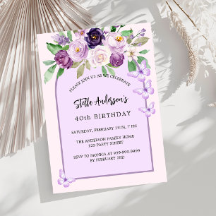 Violet purple flowers butterflies arch birthday invitation