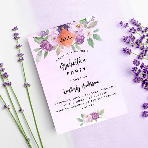 Violet purple flowers graduation party invitation postcard