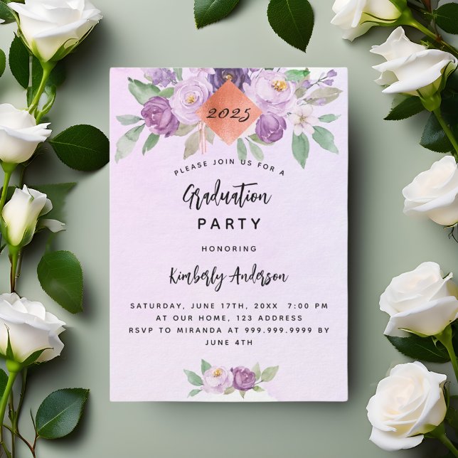 Violet purple flowers graduation party luxury invitation (Creator Uploaded)
