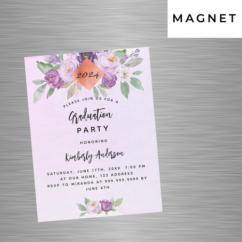 Violet purple flowers graduation party luxury magnetic invitation