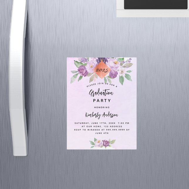 Violet purple flowers graduation party luxury magnetic invitation (Creator Uploaded)