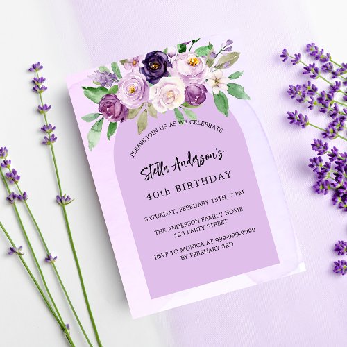 Violet purple flowers greenery arch birthday invitation postcard