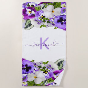 Violet purple flowers monogram name script beach towel