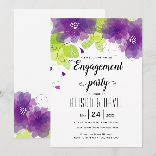 Violet purple flowers wedding engagemnet party invitation (Front/Back)