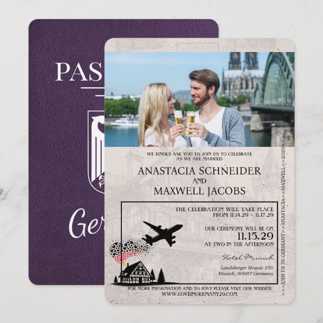Violet Purple Germany Passport Wedding Invitation (Front/Back)