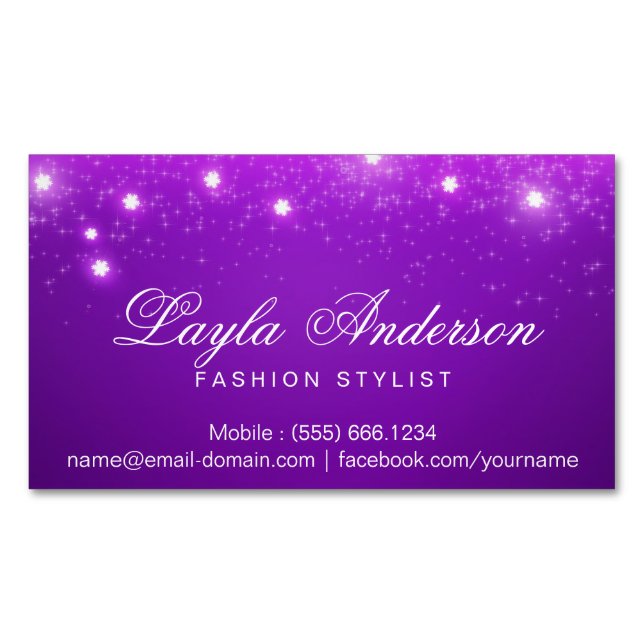 Violet Purple Glam Starry Sparkles Business Card Magnet (Front)