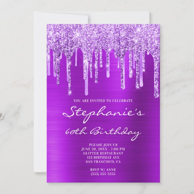 Violet Purple Glitter and Foil Drip 60th Birthday Invitation (Front)