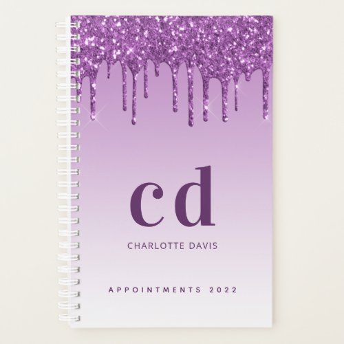 Violet purple glitter drips monogram planner