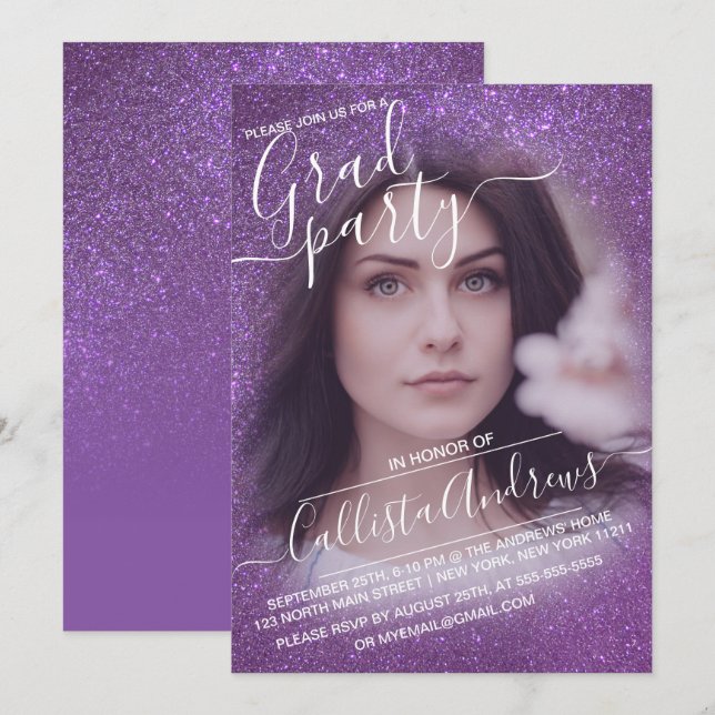 Violet Purple Glitter Ombre Photo Graduation Invitation (Front/Back)