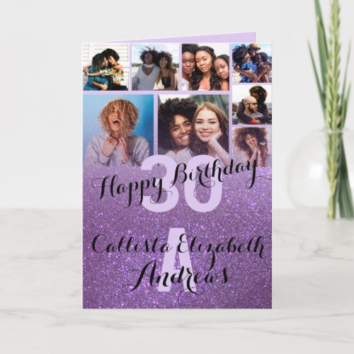 Violet Purple Glitter Photo Collage Happy Birthday Card