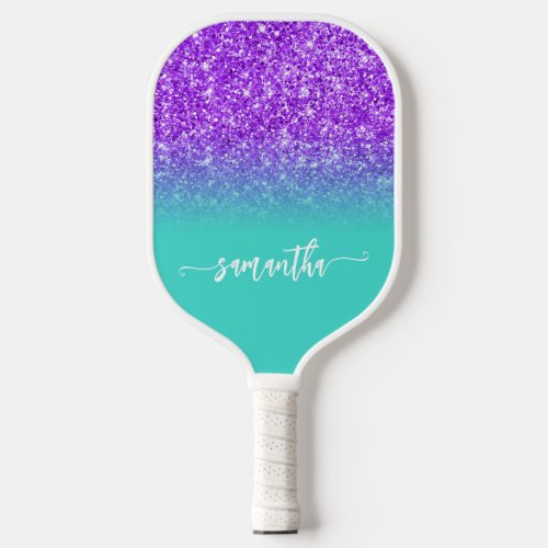 Violet Purple Glitter Turquoise Ombre Personalized Pickleball Paddle