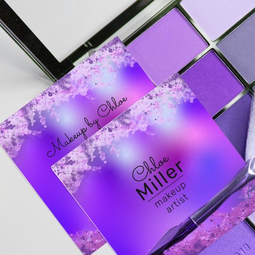 Violet Purple Glittery Foil Modern Makeup Artist Square Business Card