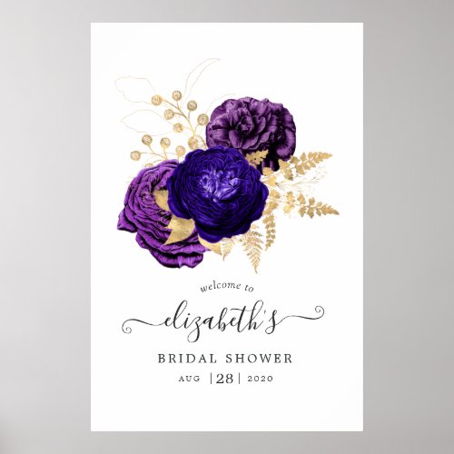 Violet Purple  Gold Floral Bridal Shower Welcome Poster