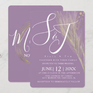Violet Purple Gold Foil Pampas Wedding Suite Invitation