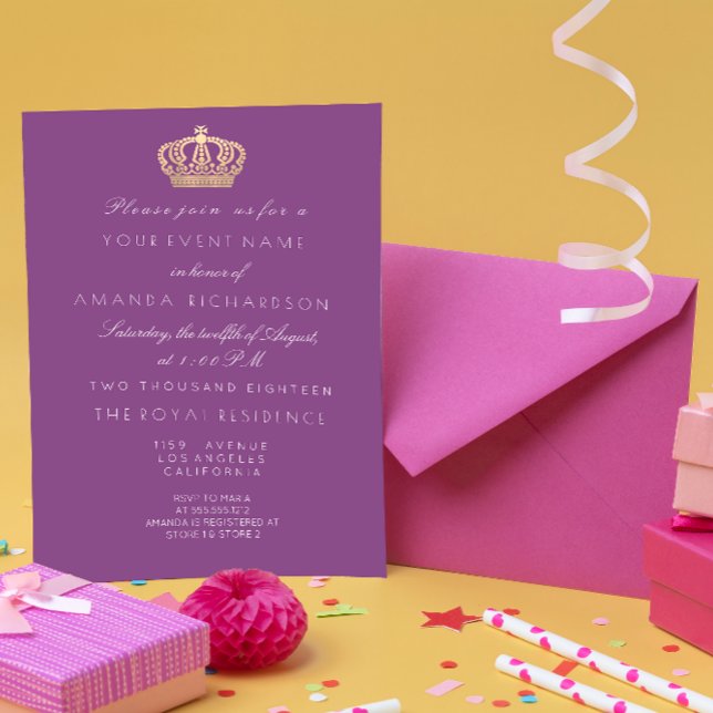Violet Purple Golden Crown Royal Pastel White Invitation (Creator Uploaded)