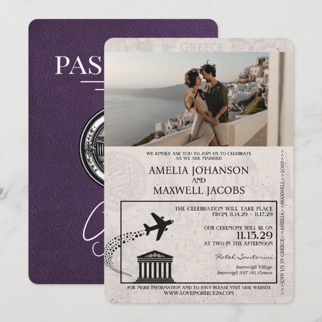 Violet Purple Greece Passport Wedding Invitation (Front/Back)
