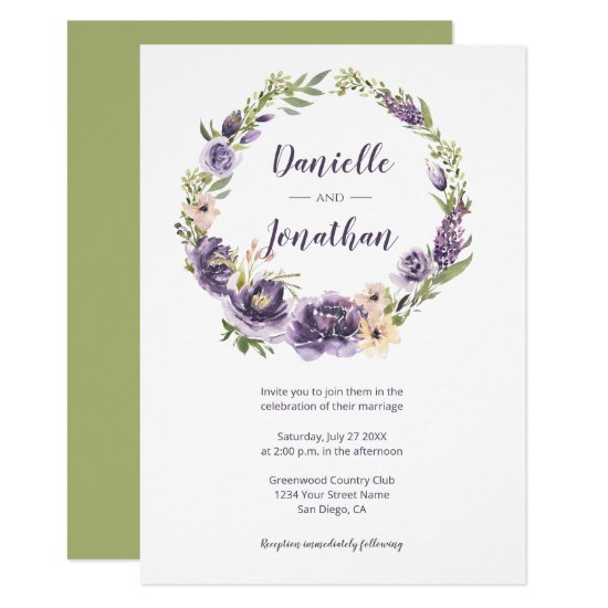 Violet Purple Green Floral Wreath Wedding Invitation
