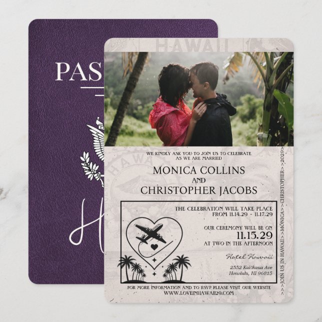 Violet Purple Hawaii Passport Wedding Invitation (Front/Back)