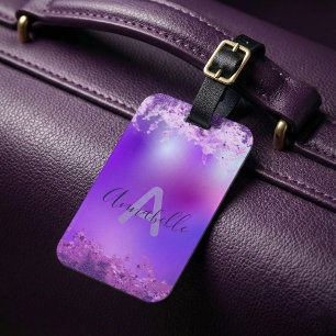 Violet Purple Holographic Glitter Monogram Name Luggage Tag