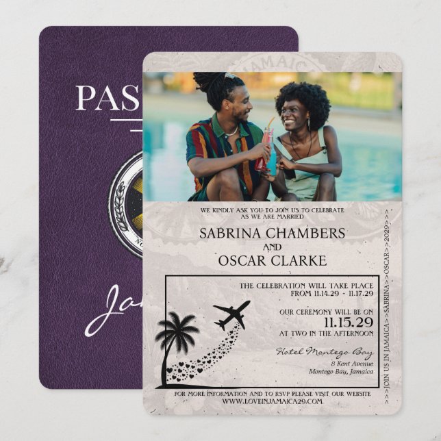 Violet Purple Jamaica Passport Wedding Invitation (Front/Back)
