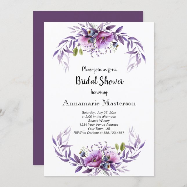 Violet Purple Lavender Floral Bridal Shower Invitation (Front/Back)