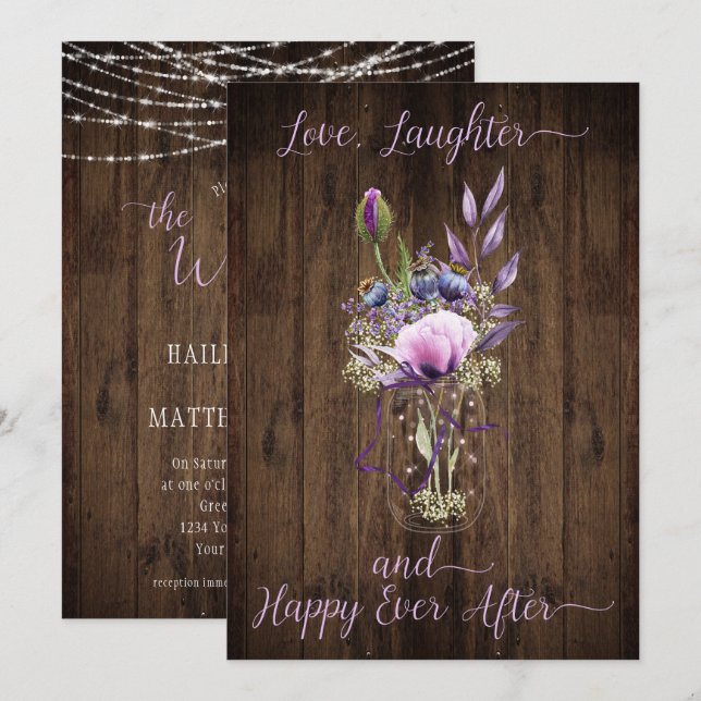 Violet Purple Lavender Floral Mason Jar Wedding Invitation (Front/Back)