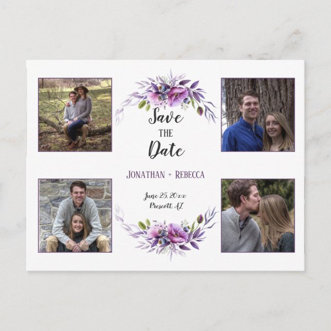 Violet Purple Lavender Floral Photo Save The Date Announcement Postcard (Front)