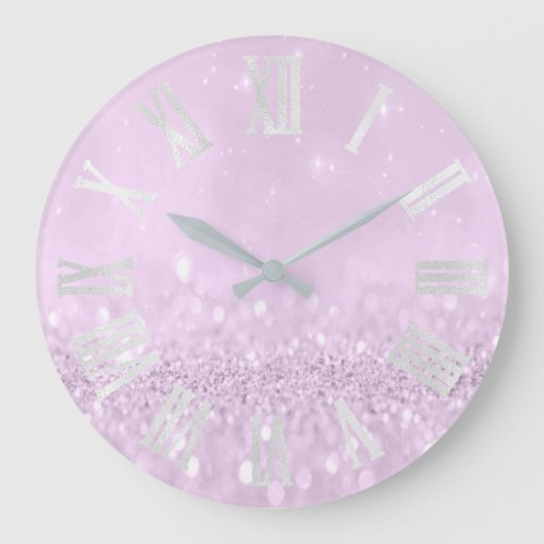 Violet Purple Lavender Glitter Gray Roman Numbers Large Clock