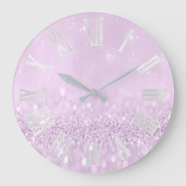 Violet Purple Lavender Glitter Gray Roman Numbers Large Clock (Front)