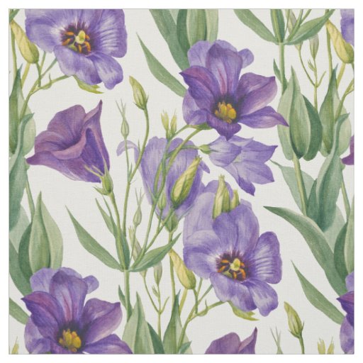 Violet Purple Lilac Bellflowers & Green Leaves Fabric