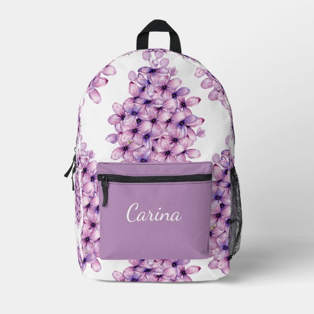 VIOLET PURPLE LILAC FLOWER PATTERN CUSTOM NAME PRINTED BACKPACK (Front)