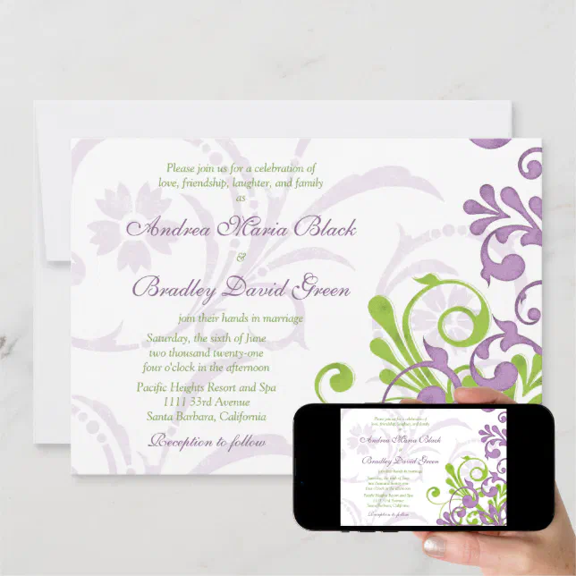 Violet Purple Lime Green Floral Wedding Invitation Zazzle