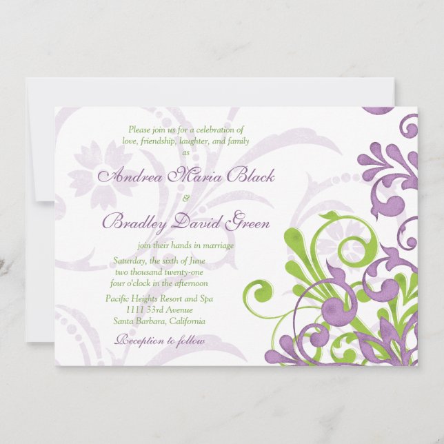Violet Purple Lime Green Floral Wedding Invitation (Front)