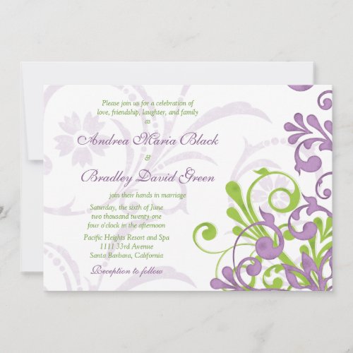 Violet Purple Lime Green Floral Wedding Invitation