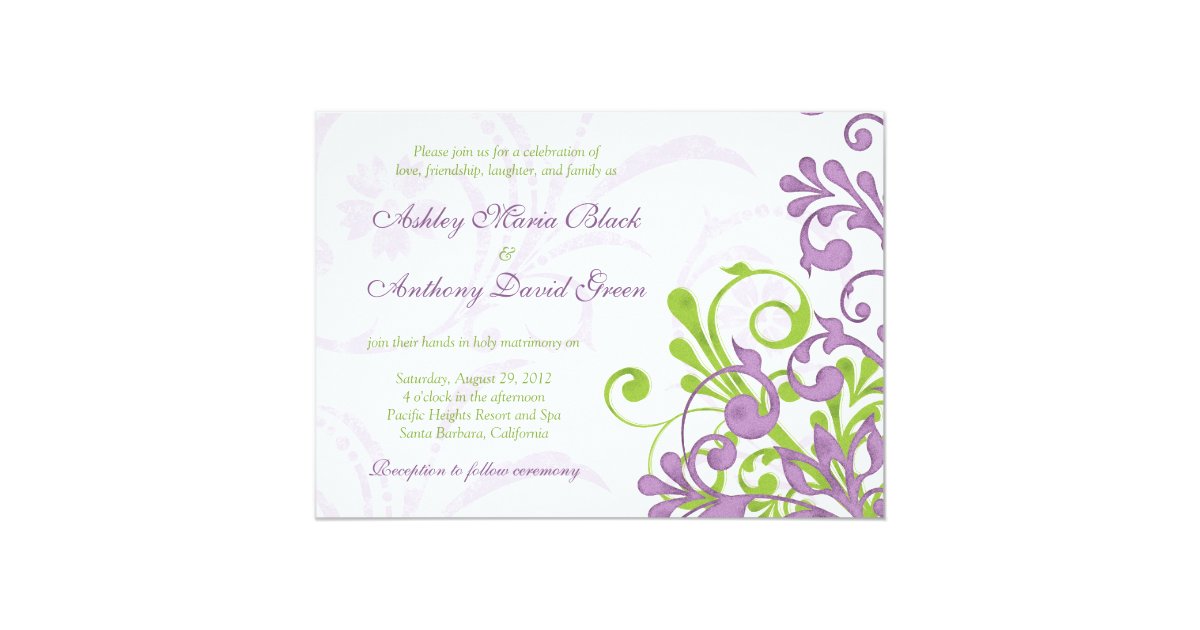 Violet Purple Lime Green Floral Wedding Invitation Zazzle Com