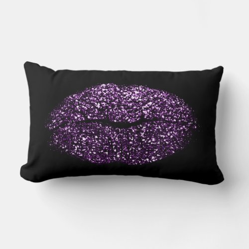Violet Purple Lips Glitter Black Girly Beauty Kiss Lumbar Pillow