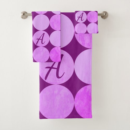 Violet Purple Magenta  Pink Circles Monogram Bath Towel Set