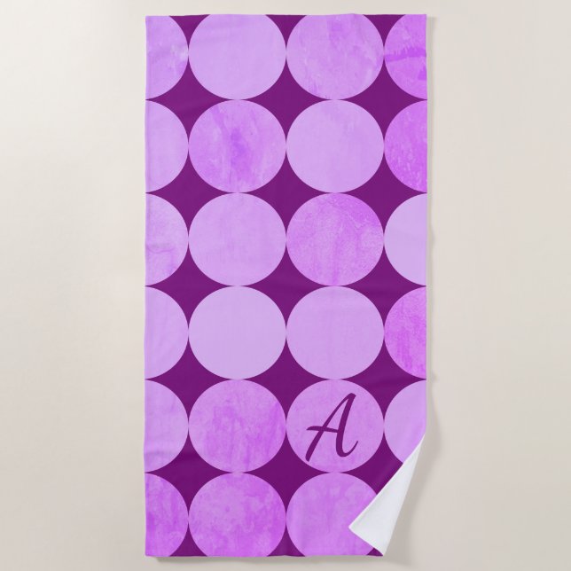 Violet, Purple Magenta & Pink Circles Monogram Beach Towel (Front)