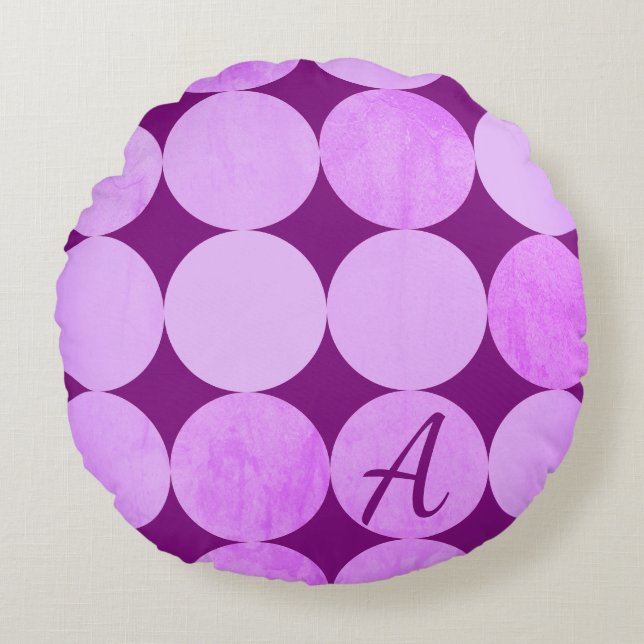 Violet, Purple Magenta & Pink Circles Monogram Round Pillow (Front)