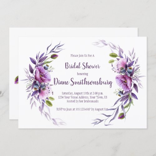 Violet Purple Mauve Floral Frame Bridal Shower Invitation