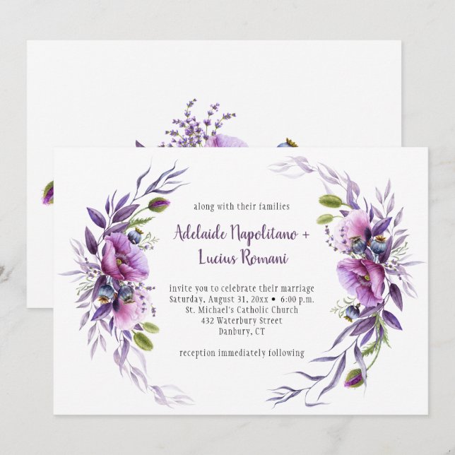 Violet Purple Mauve Wildflowers Frame Wedding | Invitation (Front/Back)