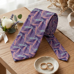 Violet Purple Mint Green Orange Fern Leafs Pattern Neck Tie