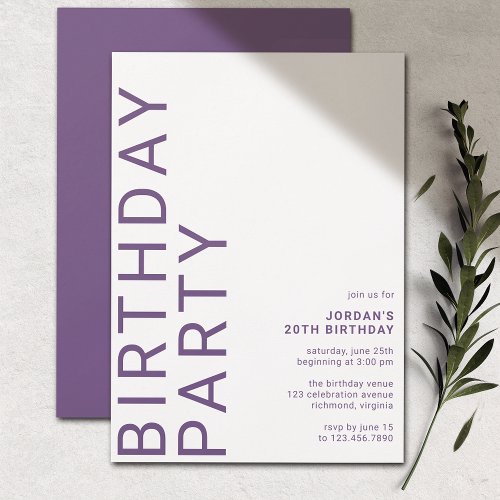 Violet Purple  Modern Minimal Any Age Birthday Invitation