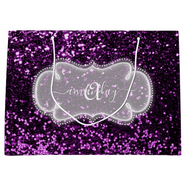 Violet Purple Monogram Name Glitter Bridal Unique Large Gift Bag (Front)