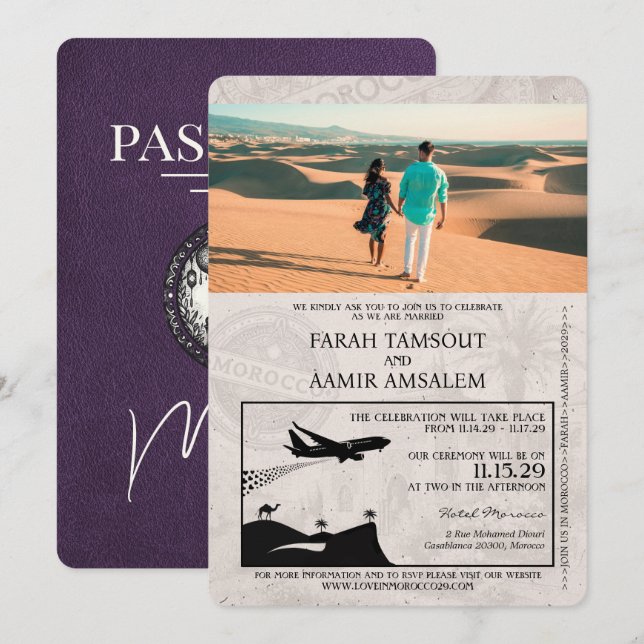 Violet Purple Morocco Passport Wedding Invitation (Front/Back)