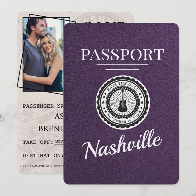 Violet Purple Nashville Passport Save The Date (Front/Back)